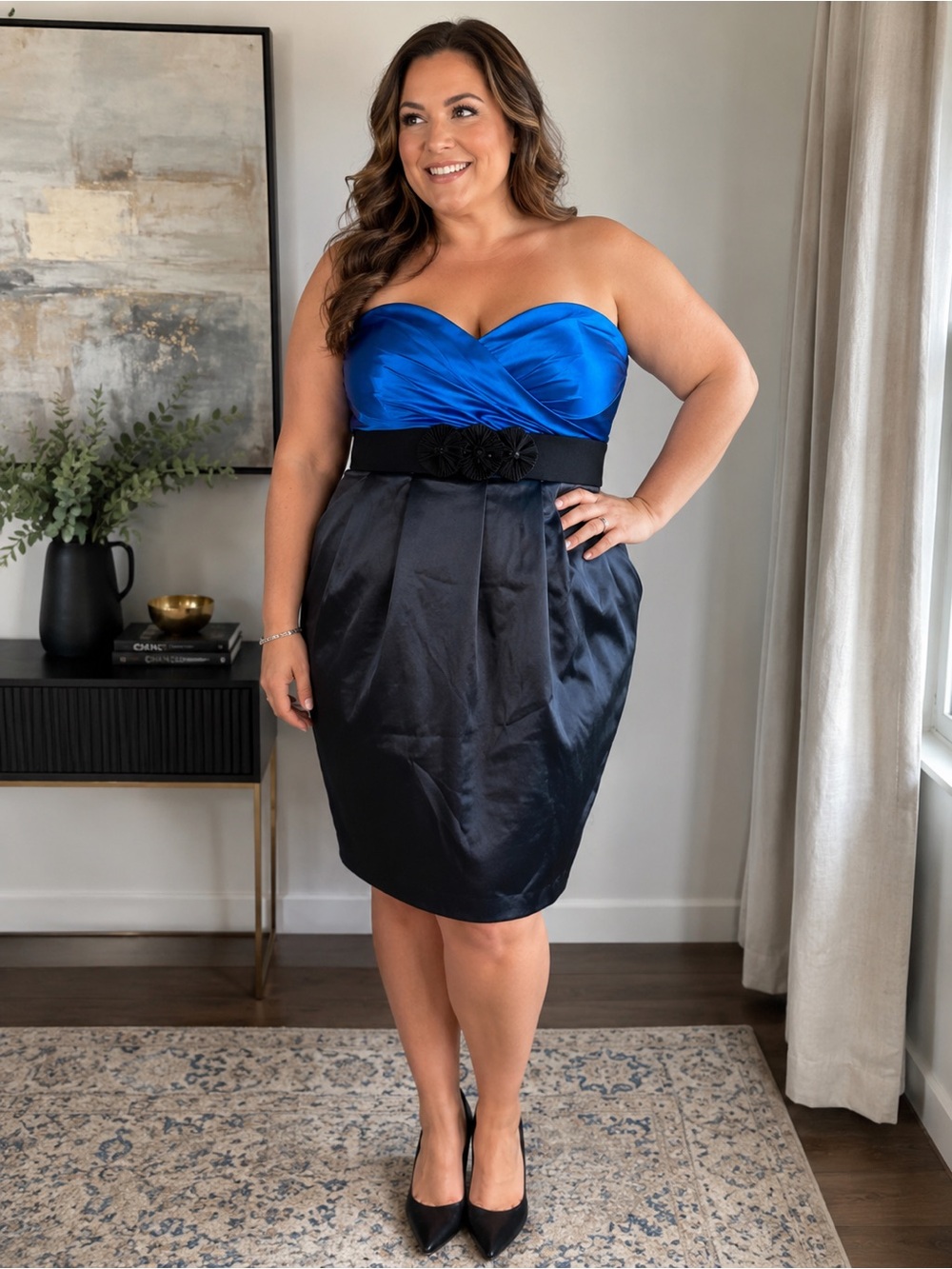Torrid Blue Satin Strapless Colorblock Cocktail Dress 16 Pockets Belted